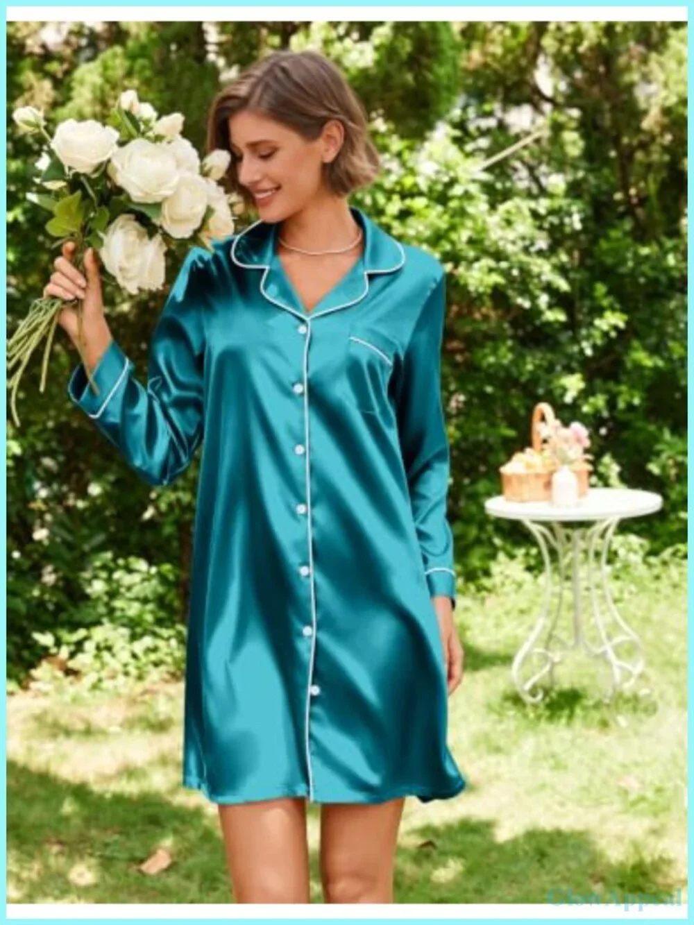 Satin Nightgown Women Silk Sleep Shirt Button Down Long Sleeve